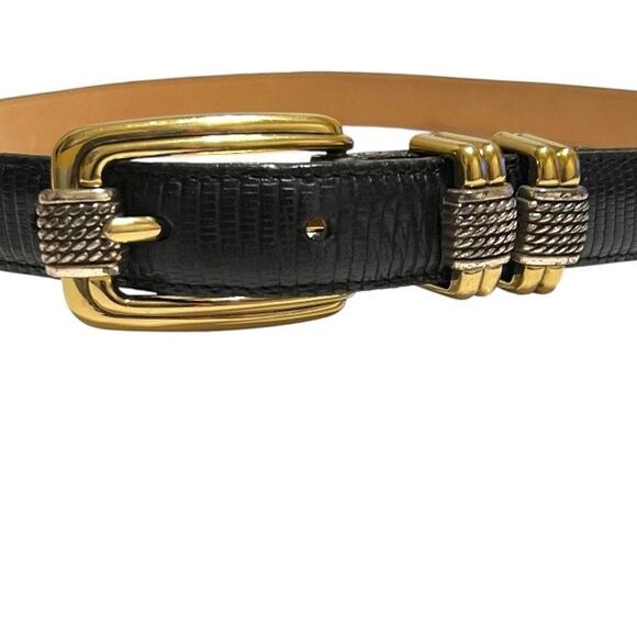 BRIGHTON Thin Leather Belt with Gold & Silver Buckle Womens Sz 28 = Small - Picture 1 of 9